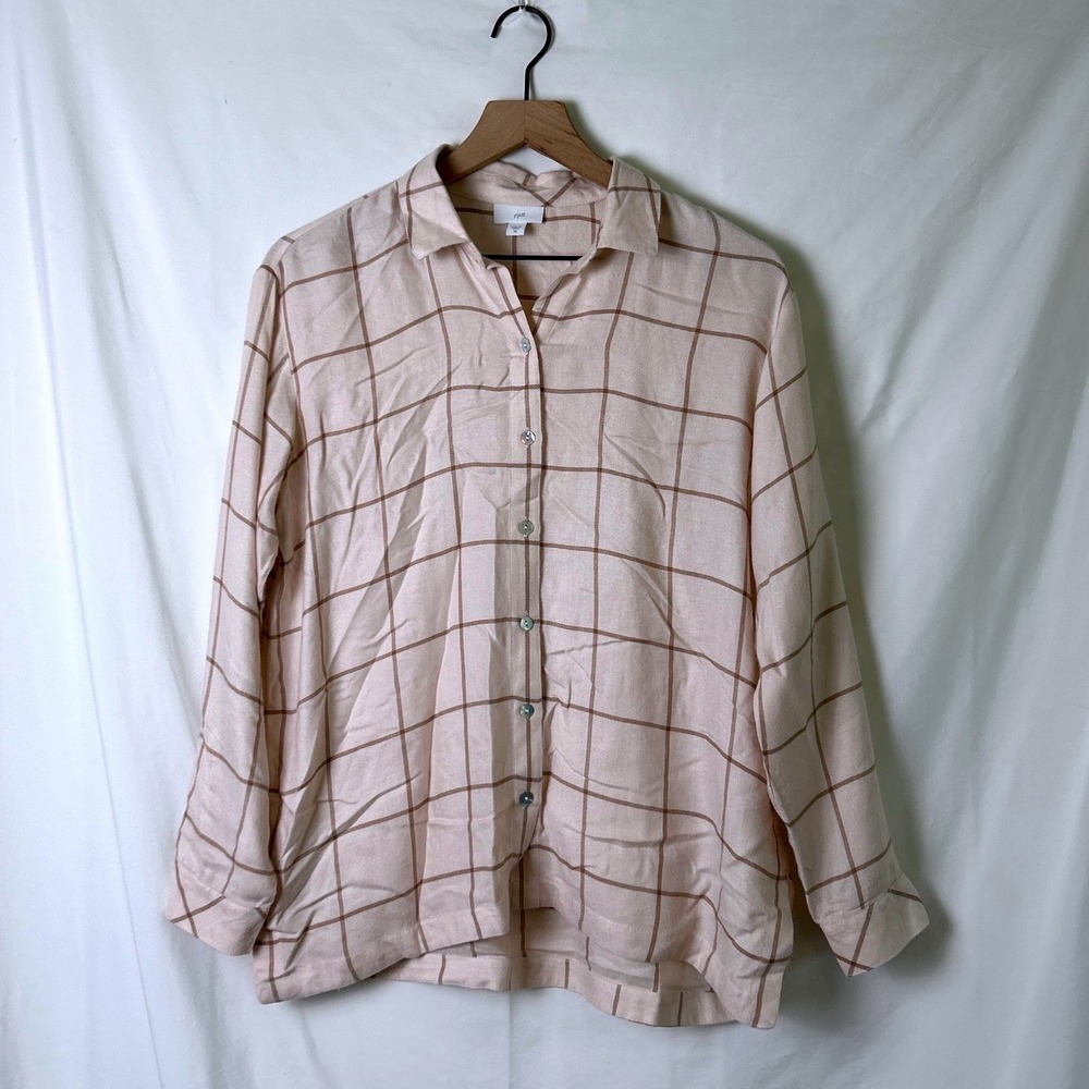 J. Jill Womens Oversized Windowpane Plaid Button Down Shirt Size XS Tan Brown